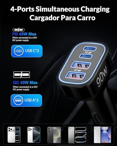 USB C Car Charger, 4-Port 90W Super Fast Car Phone Charger Accessories Dual 45W USB-C & USB-A Cargador Carro Adapter Cigarette Lighter for iPhone 17 16 15 14 13 12 11, Galaxy S25 S24, Tablet, Android - Image 2