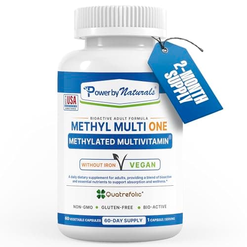 Power By Naturals Methyl Multi One - Iron-Free Methylated Multivitamin with Quatrefolic 5-MTHF, Active B12, P5P, CoQ10 & Zinc for MTHFR Support - Energy & Focus Formula - 60 Capsules (2-Month Supply) - Image 1