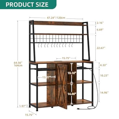 YITAHOME Large Bakers Rack with Power Outlet and Storage Cabinet, 47 Inch Farmhouse Coffee Bar Cabinet, Kitchen Microwave Stand with Wine Shelves and 12 Hooks, Rustic Brown - Image 2