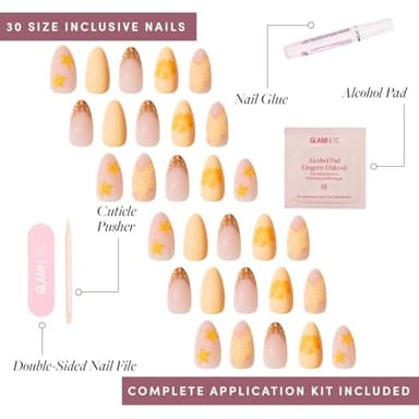 Glamnetic Press On Nails - Sunny Shores | Short Almond Orange Fake Nails with 3D Starfish, Reusable Summer Nails | 15 Sizes - 30 Nail Kit with Glue - Image 4