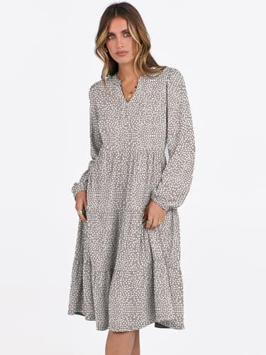 ANRABESS Long Sleeve Midi Dresses for Women V Neck 2025 Fall Fashion Casual Loose Fit Flowy Swing Tiered Vacation Boho Dress Khaki Polka Dot Medium - Image 3