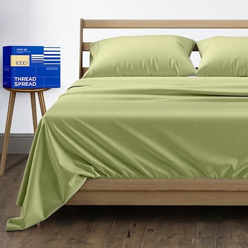 THREAD SPREAD 100% Egyptian Cotton Sheets California King Size - 1000 High Thread Count, Luxury 5-Star Hotel 4 PC Sateen Cal King Sheets, Extra Long Staple 16" Deep Pocket Bed Sheet Set - Sage Green - Image 1