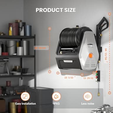 Giraffe Tools Grandfalls Pressure Washer, Max 2900 PSI, 2.2 GPM Electric Wall Mounted Power Washer with 100ft Retractable Pressure Hose, Foam Cannon, 4-Nozzles for Car/Driveways/Patios, Light Silver - Image 3