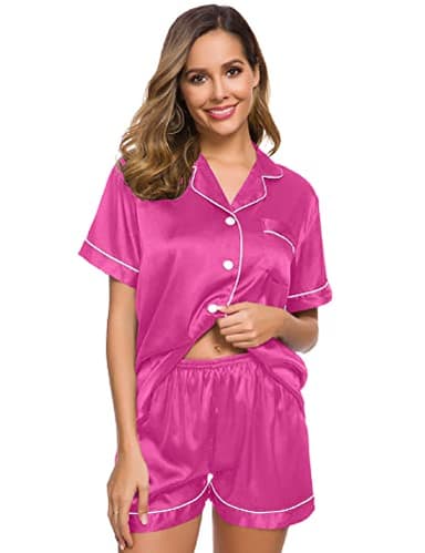 SWOMOG Womens Pajamas Set Silk Satin Sleepwear Short Sleeve Nightwear Button Down Pj Loungewear Rose Red - Image 3