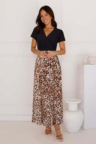 Newshows Women 2025 Summer Dress Casual Vacation Short Sleeve V Neck Spring Boho Split Beach Flowy Sundress Trendy(Brown Leopard,L) - Image 2