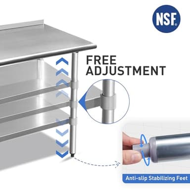 ROCKPOINT Stainless Steel Table for Prep & Work with Backsplash 14x60 Inches, NSF Metal Commercial Kitchen Heavy Duty Table with Adjustable Under Shelf and Table Foot for Restaurant, Home and Hotel - Image 4