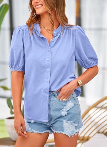 PRETTYGARDEN Women's Summer Button Down Shirts Short Lantern Sleeve V Neck Cotton Cute Dressy Casual Ladies Tops Blouses (Light Blue,Medium) - Image 3