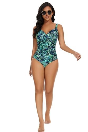 Aqua Regina Plus Size Swimsuit for Women One Piece Bathing Suit Ruched Tummy Control Adjustable Swimwear(G/Tropical Leaf,L) - Image 6