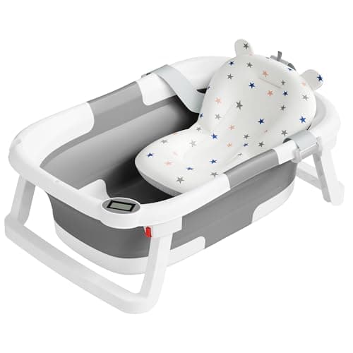 napei Collapsible Baby Bathtub,Baby Bath Tub with Soft Cushion & Thermometer,Baby Bathtub Newborn to Toddler 0-36 Months,Portable Travel Baby Tub - Image 1
