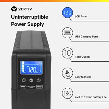 Vertiv Liebert PSA5 UPS - 1000VA/600W 120V Line Interactive AVR Tower UPS, 10 outlets, 2 USB Charging Ports, Battery Backup w/ Surge Protection, 3 year warranty, Energy Star Certified (PSA5-1000MT120) - Image 2