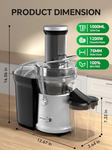 Juicer, 1200W Juicer Machine with 3" Feed Chute for Whole Fruits and Vegs, Dual Speeds Centrifugal Juice Extractor Maker with Heavy Duty Full Copper Motor, High Juice Yield, Easy to Clean, BPA-Free - Image 8
