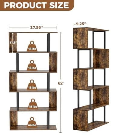 Gadroad 5-Tier Geometric Bookcase,S Shaped Bookshelf, Wood Decorative Storage Shelving, Modern Freestanding Display Shelves, Tall Book Shelf Unit for Living Room Bedroom, Rustic Brown - Image 3