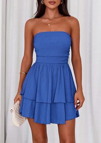 PRETTYGARDEN Women's 2025 Summer Strapless Tube Mini Dress Off Shoulder Smocked Ruffle A Line Flowy Short Party Club Dresses (Royal Blue,Small) - Image 8