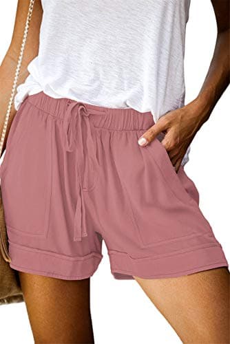 ONLYSHE Women's Summer Beach Drawstring Solid Color Comfy Shorts with Pockets Plus Size Pants Pink 3XL - Image 1