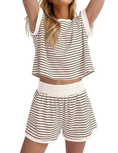Burtell Women Summer 2 Piece Lounge Sets Striped Short Sleeve Tee Shirts Mini Shorts Loungewear Shorts Set Ribbed Pajama Set - Image 1