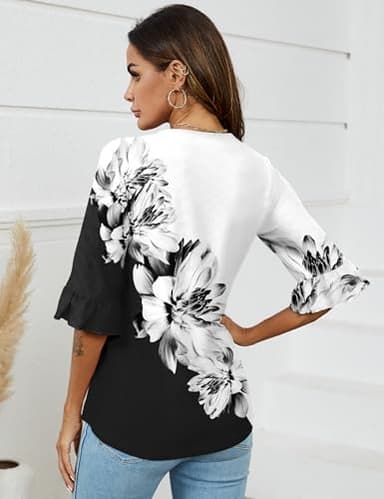 LOMON 3/4 Length Sleeve Womens Tops Business Casual Ladies Summer Blouses Loose Fit Tees Cute Tunic (A2 Black White Floral,Large) - Image 5
