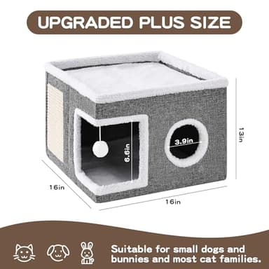 Crispedia Cat Beds for Indoor Cats, Large Cat Cave with Fluffy Ball and Scratch Pad, Foldable Cat Scratch House with Hideaway Condo for Kitten,16x16x13inch,Grey - Image 5