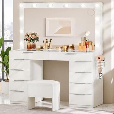 DWVO 46'' Glass Top Makeup Vanity with 10 Drawers, Vanity Desk Set with Large LED Mirror, Built-in Charging Station & Cushioned Storage Chair, Dressing Table with 3-Color Light Modes, Cream White - Image 1