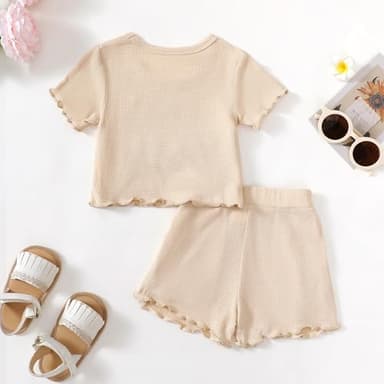 Mikrdoo Toddler Baby Girl Clothes Summer Short Sleeve T Shirt Tops Cute Infant Ruffle Ribbed Knit Shorts Outfits Set Solid Color Apricot 12 18 Months - Image 4