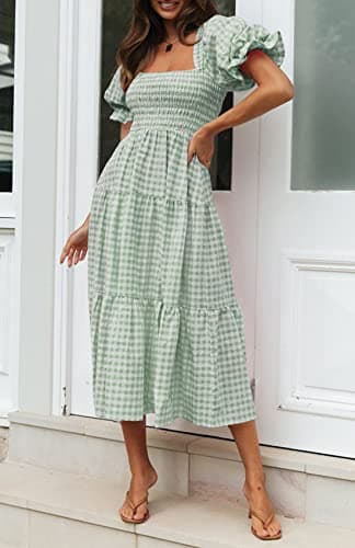 ZESICA Women's 2025 Bohemian Summer Plaid Square Neck Puff Sleeve Ruffle Flowy Beach Midi Dress,Green,Large - Image 6