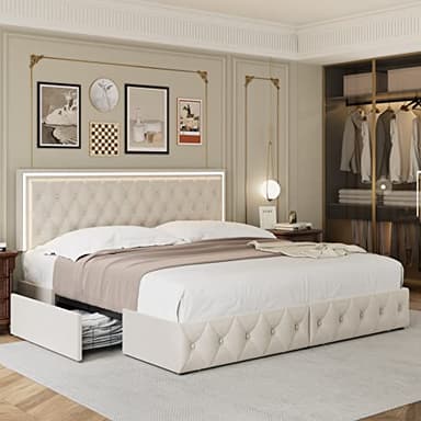 Keyluv Queen Upholstered LED Bed Frame with 4 Drawers, Velvet Platform Storage Bed with Adjustable Button Tufted Headboard and Solid Wooden Slats Support, No Box Spring Needed, Beige - Image 9