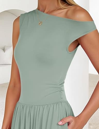 ZESICA Women's Summer 2025 Sleeveless Maxi Dress One Shoulder Casual Slim Swing Pleated Formal Dresses with Pockets,BeanGreen,Medium - Image 4