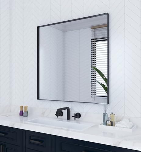 VocalStar 36 x 36 Inch Black Metal Framed Bathroom Mirror, Square Corner Rectangle Bathroom Vanity Mirror for Wall Modern Farmhouse, 1/4-inch Shatterproof Glass | Ultra-Flush Hanging - Image 1