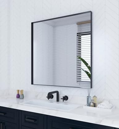 VocalStar 36 x 36 Inch Black Metal Framed Bathroom Mirror, Square Corner Rectangle Bathroom Vanity Mirror for Wall Modern Farmhouse, 1/4-inch Shatterproof Glass | Ultra-Flush Hanging - Image 1