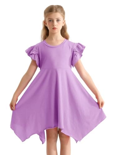 Alakuoti Girls Lavender Purple Dress Spring Cotton Solid Color Casual Dresses Cute High Low Swing Easter Beach Party Wear Girls Dresses Size 8 - Image 4