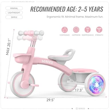 SEREED Colorful Lighting Toddler Tricycle for 2-5 Years Old Girls, Adjustable Seat&Handlebar Trike, Removable Basket, Birthday Gift Idea for Kids Ages 2+ (Pink) - Image 8