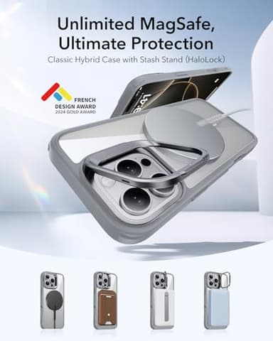 ESR for iPhone 16 Pro Max Case, Compatible with, Military-Grade Protective Case, Built-in Stash Stand Phone Case, Scratch-Resistant Back Cover, Classic Series, Clear Grey - Image 3