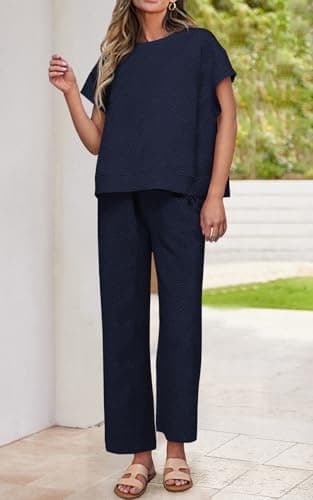 PRETTYGARDEN 2 Piece Outfits For Women Casual Tracksuit Short Sleeve Tops And Wide Leg Long Pants Matching Lounge Sets (Navy, X-Large) - Image 3