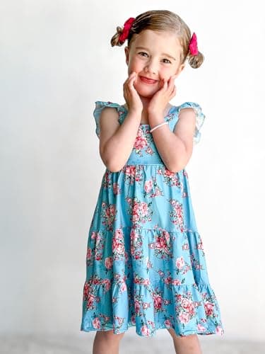 Girls Dresses Size 7 8 Sleeveless Floral Vintage Dress Swing Ruffle Sleeve Blue Sundresses for Girl - Image 3