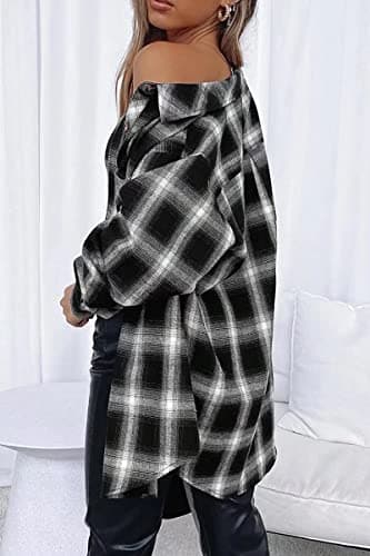 CHYRII Womens Button Down Flannel Shirts Long Sleeve Plaid Shacket Business Casual Tops Black L - Image 2