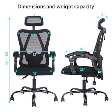 Ergonomic Office Chair - High-Back Home Office Chair with Headrest, Adjustable Arms, 90-135° Tilt Mechanism, Wide Seat Cushion, Large Size Mesh Chairs for Men and Women, Black Task Chair - Image 2