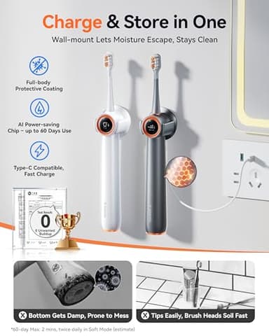 RANVOO [Vibrating & Flossing 2-in-1] AirJet Bubble Sonic Electric Toothbrush, 100% Plaque Removal, White for Adult Protect Gum Orthodontic Teeth Clean Rechargeable Gift with 2 Soft Brush Heads Grey - Image 6