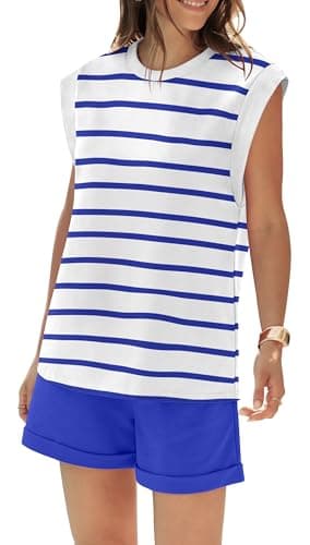 RUBZOOF Lounge Sets for Women Striped 2 Piece Outfits Cap Sleeve Pajama Sets Casual Loungewear Summer Royal Stripe XL - Image 3