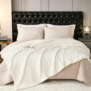 PU MEI Fleece Blanket - Throw Blanket for Bed 80"*90" White, Luxury Bubble Fluffy Blanket Plush Queen Blanket, Throw Blanket for Couch, Cozy Soft Warm Fuzzy Blanket Large Blanket for All Season Use - Image 1