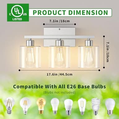 Phaosio Bathroom Vanity Light Fixtures 3-Light Wall Sconce, Brushed Nickel Mirror Light with Clear Glass Shade, Easy Install Bedroom Hallway Lighting, E26 Base - Image 3