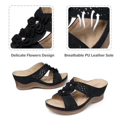 TEMOFON Womens Wedge Sandals Leather: Casual Dressy Women Black Summer Platform Wedge Sandals Slip on Low Heels Comfortable Walking Size 10.5 - Image 4