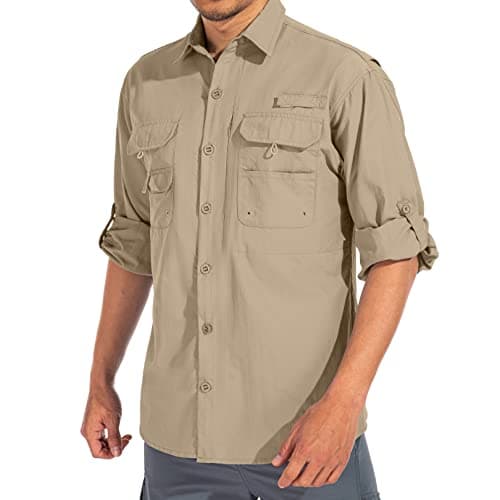 linlon Mens Safari Shirts Long Sleeve UV Protection Hiking Fishing UPF 50+ Quick Dry Cooling Camping Travel Shirts#5066-Khaki-XL - Image 1