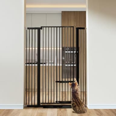 COMOMY 55.1" Extra Tall Pet Gate for Cats, 29.5-40.6" Extra Wide Cat Gate with Adjustable Cat Door, Pressure Mounted Easy Walk Through Pet Gate with Door for Stairs, Doorways, Kitchen(Black) - Image 1