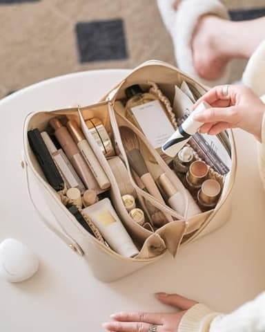 EACHY Travel Makeup Bag, Large Capacity Cosmetic Bags for Women, Waterproof Portable Open Flat Toiletry Bag Make up Bag with Divider and Handle, Gifts for Women (White, Large) - Image 8