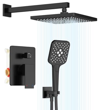 Gabrylly Shower System, 10 Inches Rain Shower Heads with Handheld Spray Combo, Wall Mounted Shower Faucets Sets Complete with Shower Valve Kit, Shower Head and Handle Set, Matte Black - Image 1