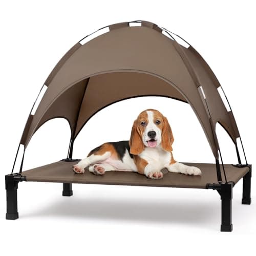 Heeyoo Elevated Dog Bed with Canopy, Outdoor Dog Bed Cot with Removable Shade Tent, Portable Raised Pet Cot Cooling Bed for Dogs and Cats, Brown - Image 1