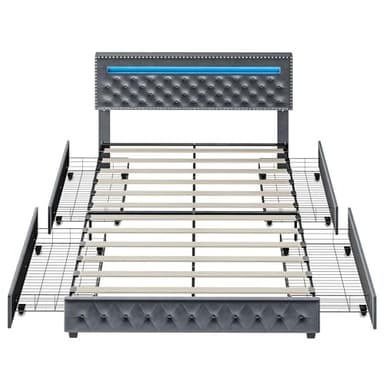 BedsPick King Size Bed Frame with LED Lights, Velvet Upholstered Platform King Bed Frame with 2 Storage Drawers and Adjustable Headboard, No Box Spring Needed King Bedframe (Light Grey, King) - Image 8