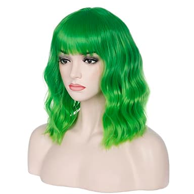 incohair 14 Inches Green Ombre Wig with Bangs Women Short Curly Wavy Bob Wig Shoulder Synthetic Halloween Party Wigs Wig Cap Included (Ombre Green - Image 3