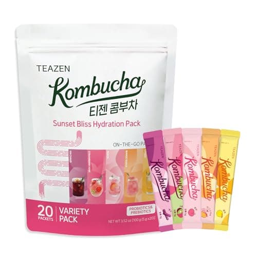 TEAZEN Kombucha Tea Sunset Bliss Hydration Variety Pack - 20 Sticks, 5 Flavors (Peach, Mango-Guava, Strawberry-Kiwi, Citron, Mulled Wine) - Image 1