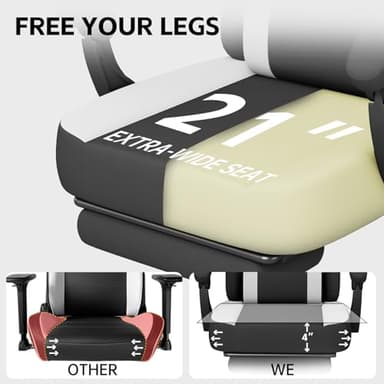 HapGIFT Gaming Chair, Computer Chair with Massage Lumbar Support, Ergonomic Gaming Chair with Footrest, High Back Adjustable Technical Fabric with Headrest, Gamer Chair for Adults (Black-White) - Image 5