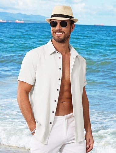 MAPICK Linen Shirts for Men Casual Stylish Button Down Shirt Summer Untucked Short Sleeve Tops Mens Beach Wedding Shirt(White,3X-Large) - Image 2